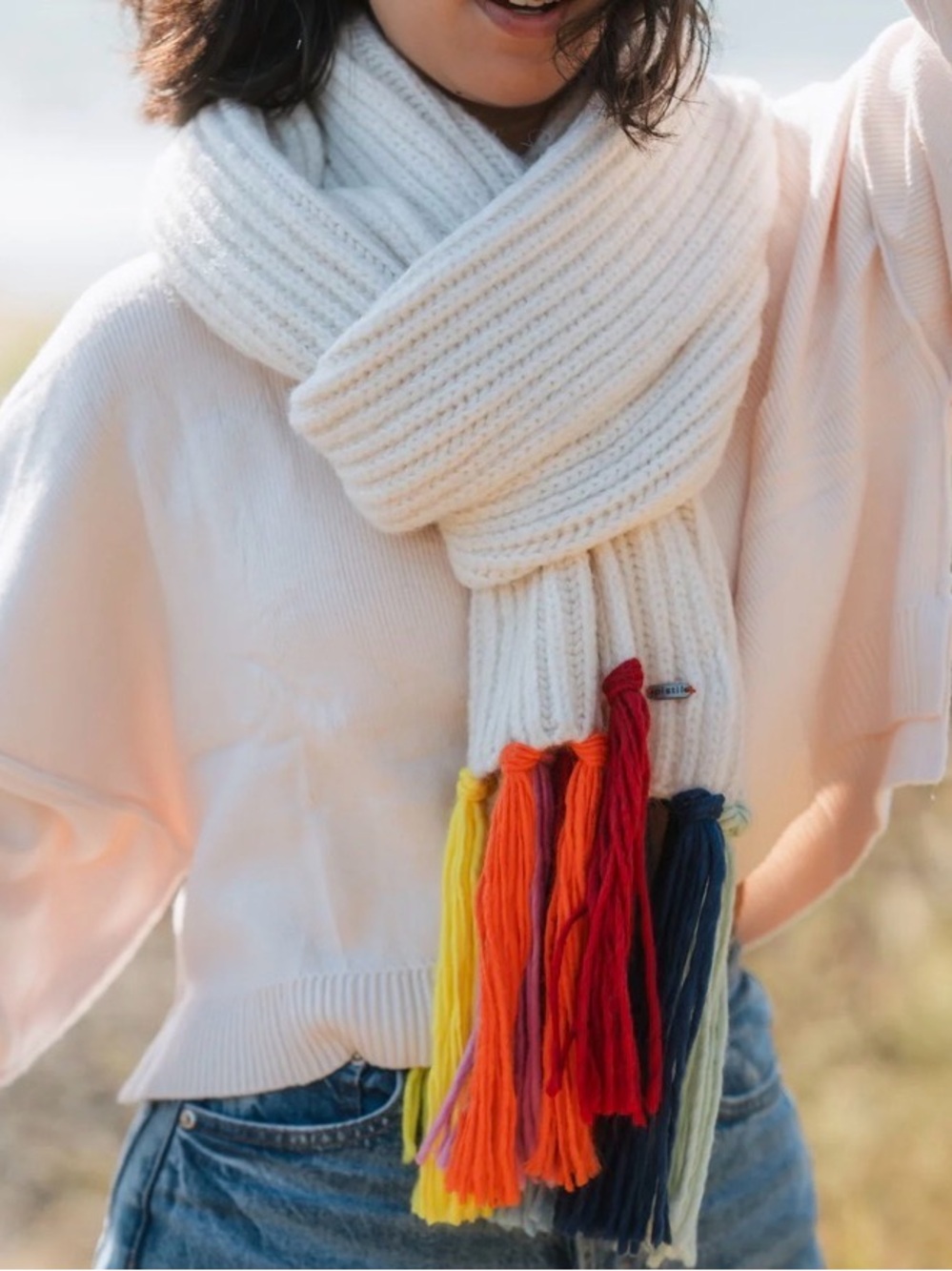 Pistil Isla Scarf-Women’s Cream Knit Scarf with Rainbow Tassels